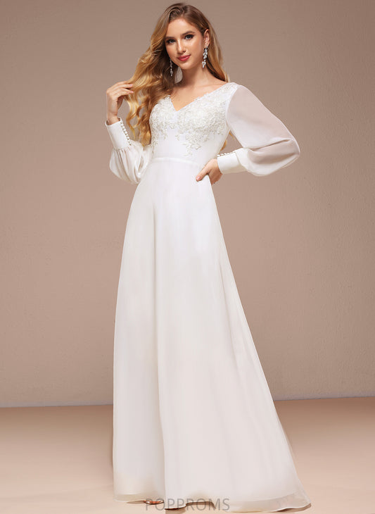 Sequins Floor-Length Wedding A-Line Lace With Chiffon Dress Wedding Dresses Una V-neck