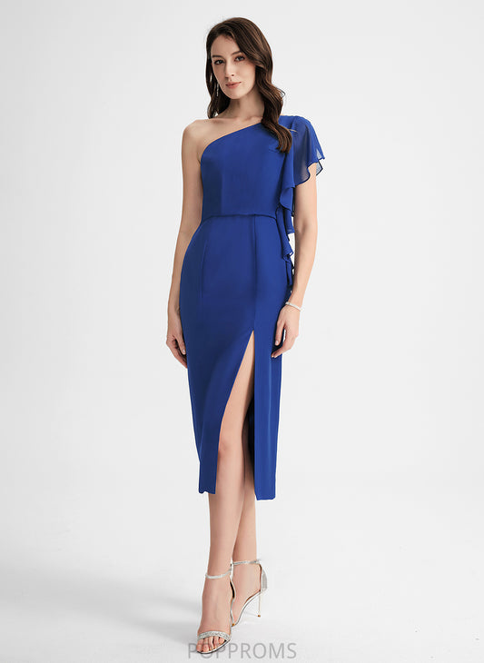 Ruffle Dress Chiffon Cocktail Dresses Cocktail One-Shoulder Tea-Length Sheath/Column With Krystal