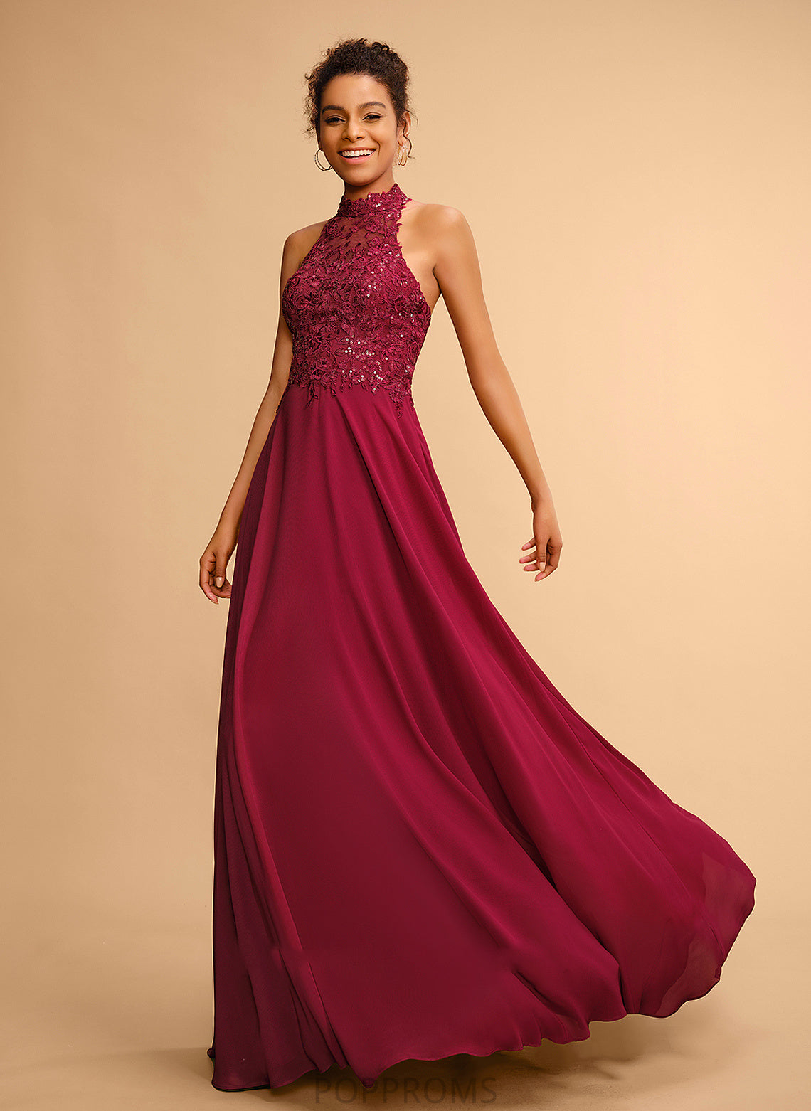 Chiffon Halter With Lace A-Line Floor-Length Prom Dresses Liz Sequins