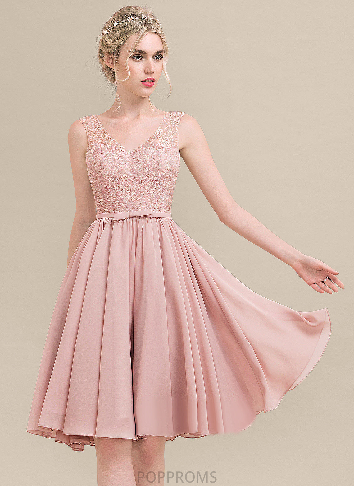 Lace V-neck Lace A-Line Bow(s) Chiffon Dress Lilith Homecoming Dresses Knee-Length With Homecoming