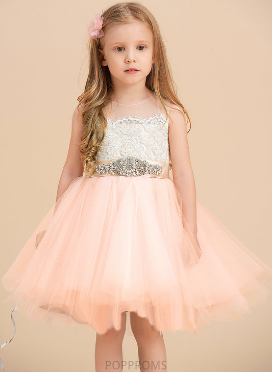 Flower Sleeveless Flower Girl Dresses A-Line Dress (Undetachable With Girl Beading Daniela Satin/Tulle/Lace Neck Scoop Knee-length - sash)