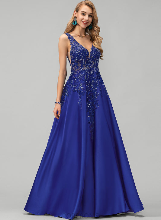 Prom Dresses A-Line Floor-Length Satin Lace Brenda With Sequins V-neck