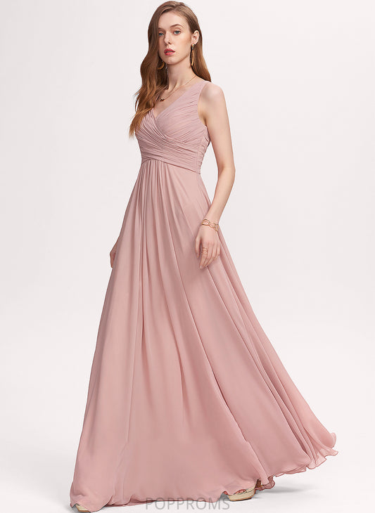 Chiffon Floor-Length Prom Dresses Marian V-neck A-Line Ruffle With