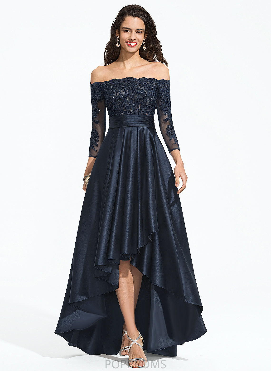 Lace Amya Satin A-Line With Ruffle Sequins Prom Dresses Asymmetrical Off-the-Shoulder