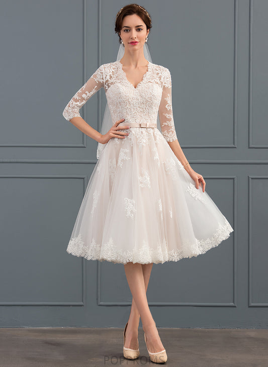 Wedding Dresses Jayda A-Line With Wedding Knee-Length Bow(s) Dress Lace Tulle V-neck