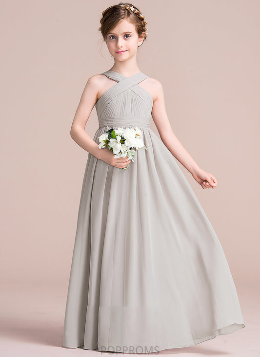 With Addison Bow(s) V-neck Chiffon Floor-Length Ruffle A-Line Junior Bridesmaid Dresses