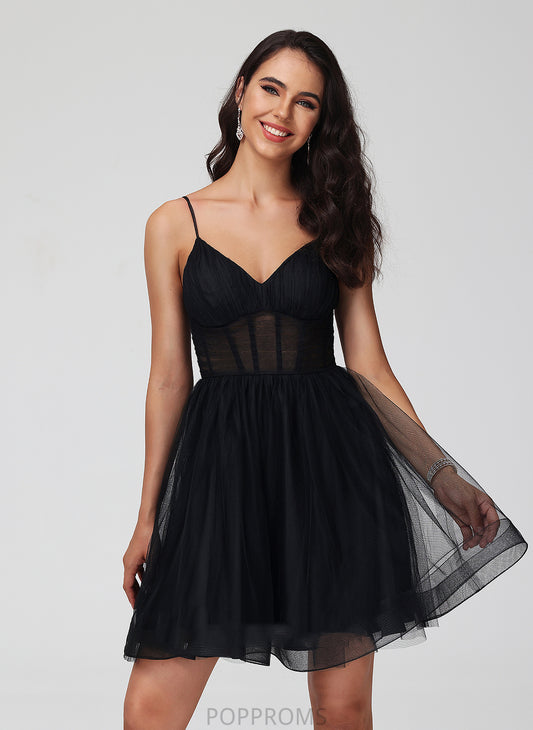 Homecoming Dress V-neck With Tulle Short/Mini Sanaa Homecoming Dresses Pleated A-Line