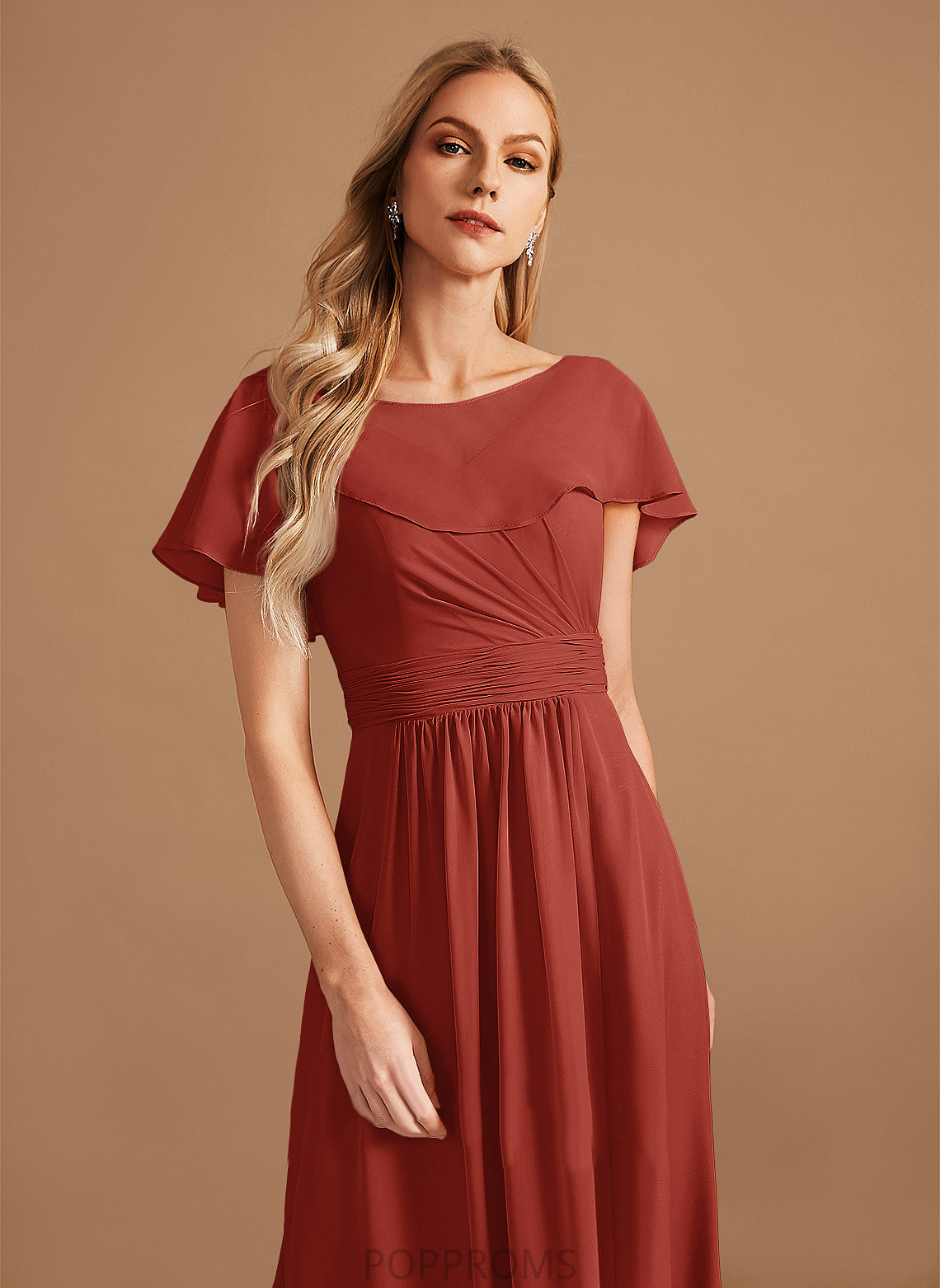 A-Line HighNeck Silhouette Neckline SplitFront Floor-Length Ruffle Fabric Embellishment Length Sherry Floor Length Bridesmaid Dresses