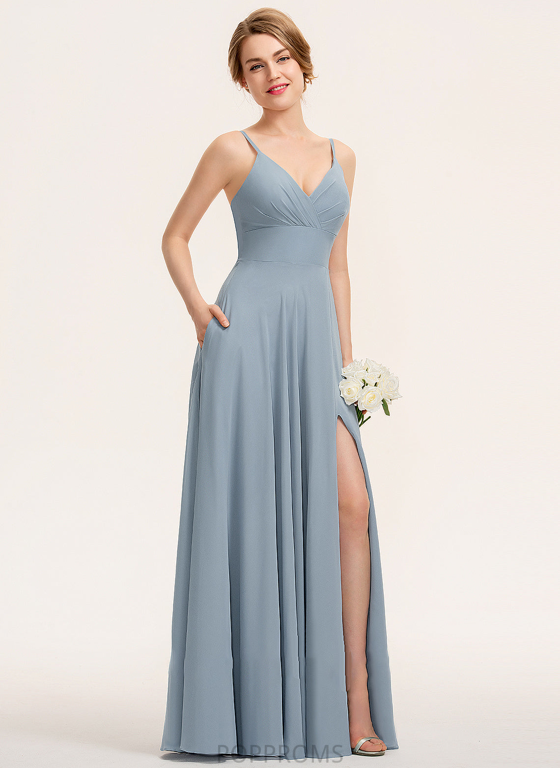 Floor-Length Ruffle V-neck Fabric Length A-Line Embellishment Pockets Silhouette Neckline Lacey Floor Length Bridesmaid Dresses