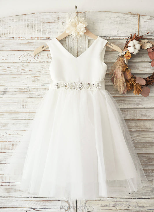 Knee-length Satin/Tulle A-Line Bow(s) Dress - With Flower Sleeveless Girl Flower Girl Dresses Joselyn V-neck