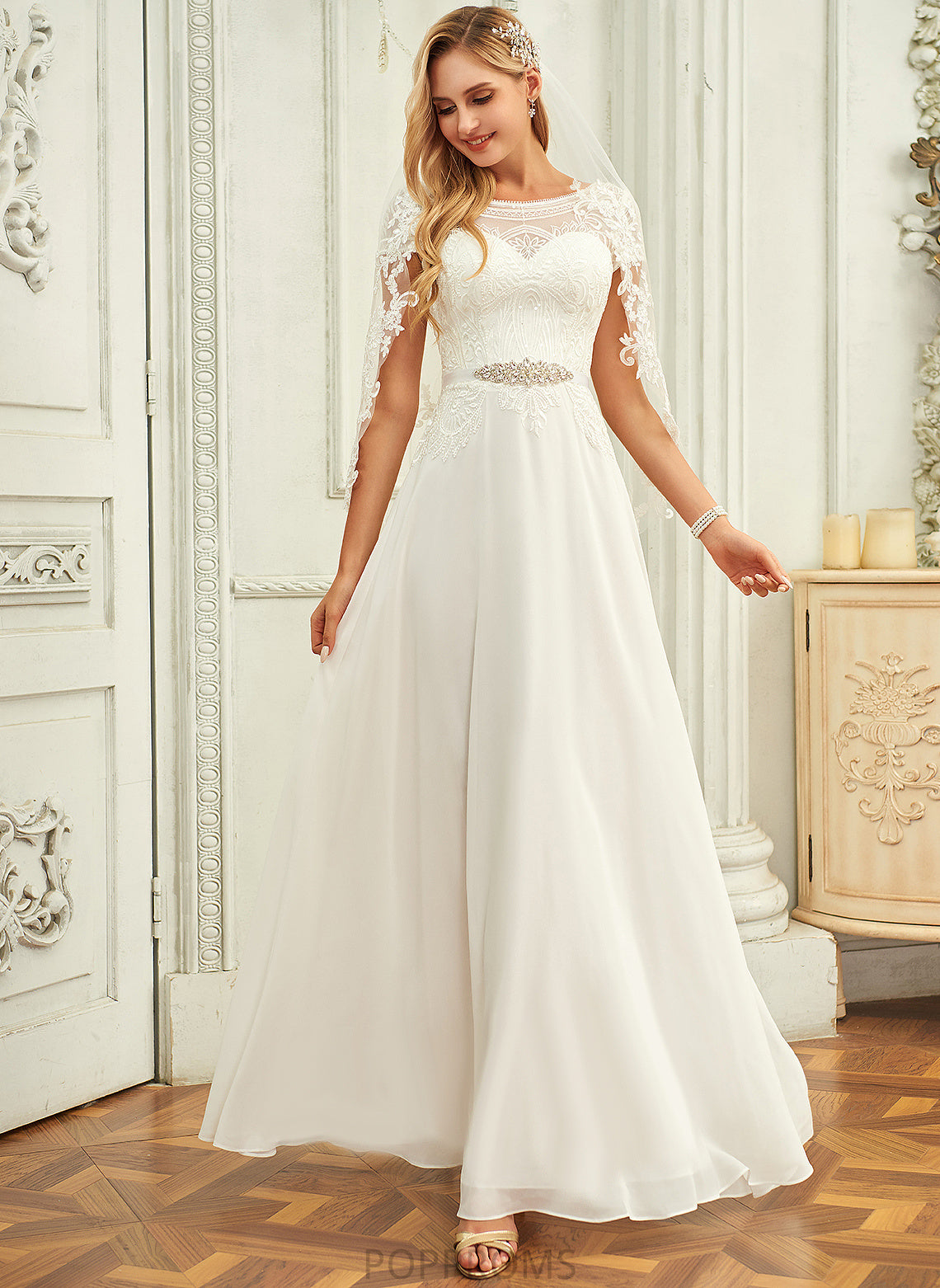 Floor-Length Lace Scoop Sequins Neck Wedding Dresses With Dress Sherry Chiffon Wedding