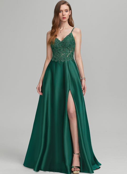 Laila Floor-Length Satin V-neck Prom Dresses Lace A-Line