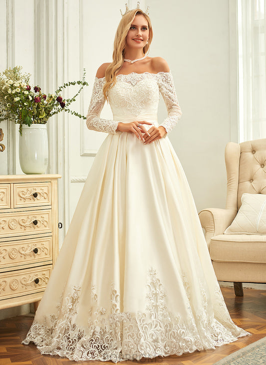 Off-the-Shoulder Satin Wedding Dresses Beading Sequins Jocelynn Dress Sweep Train With Wedding Lace Ball-Gown/Princess