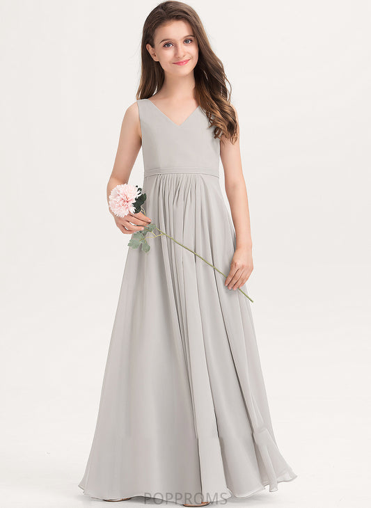 With V-neck Chiffon Lilith A-Line Floor-Length Pockets Junior Bridesmaid Dresses