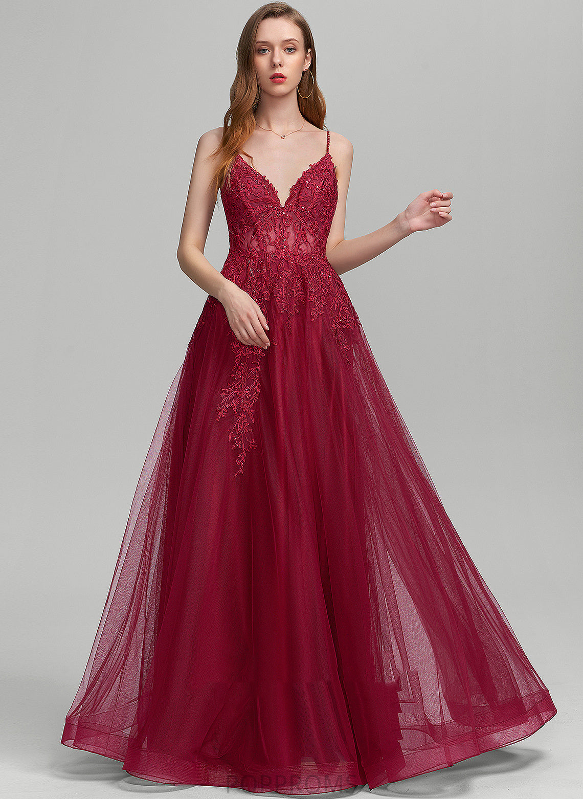 Ball-Gown/Princess With Sequins Prom Dresses Lace Beading Floor-Length Maya Tulle V-neck