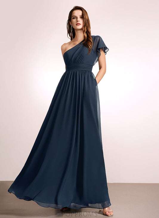 Ruffle Silhouette Length A-Line Embellishment One-Shoulder Fabric Neckline Floor-Length Mary Sleeveless Straps Bridesmaid Dresses