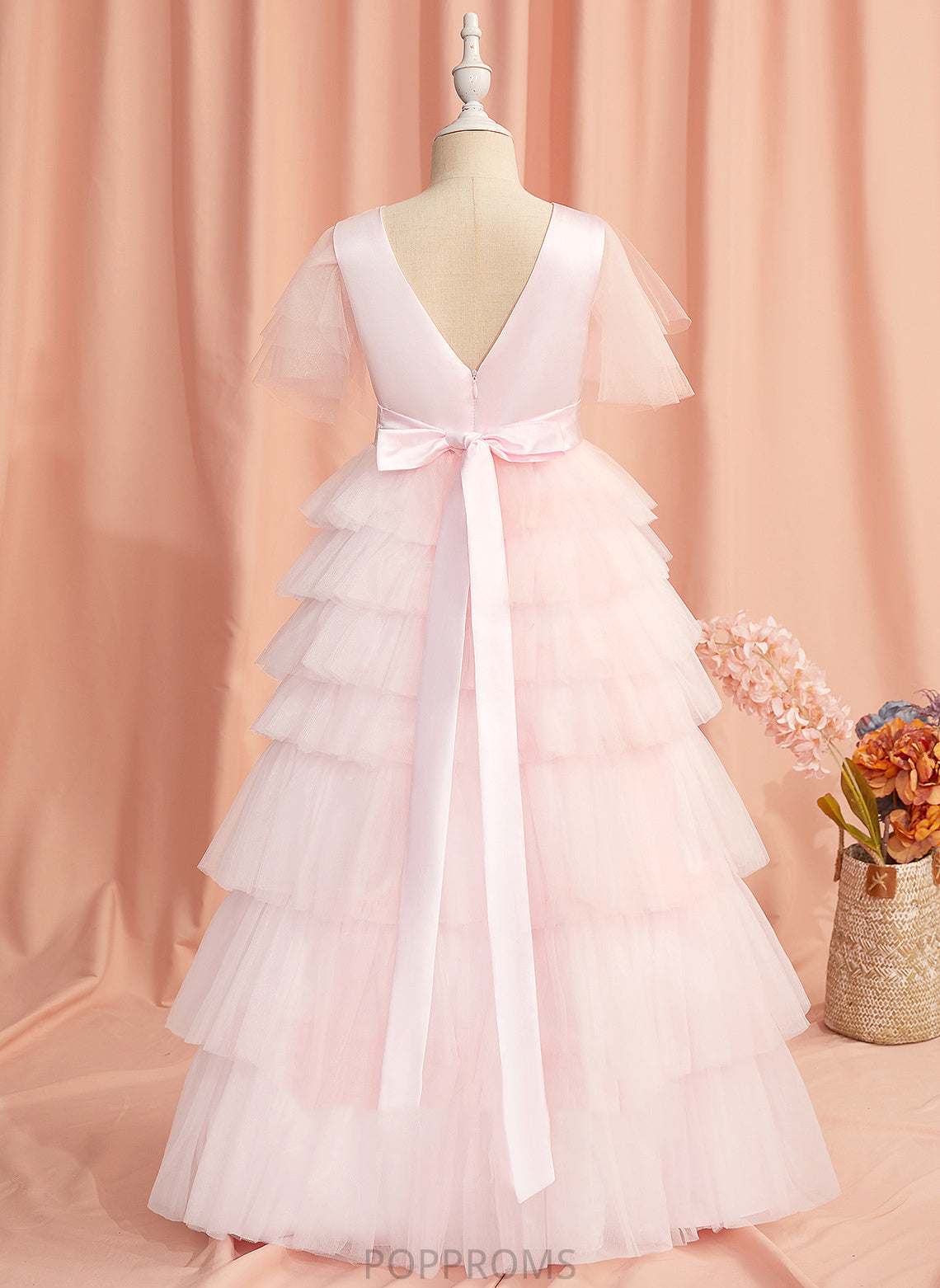 Maddison Back Short Dress Girl Ruffles/V Floor-length Flower Flower Girl Dresses Scoop Tulle Neck - With Ball-Gown/Princess Sleeves