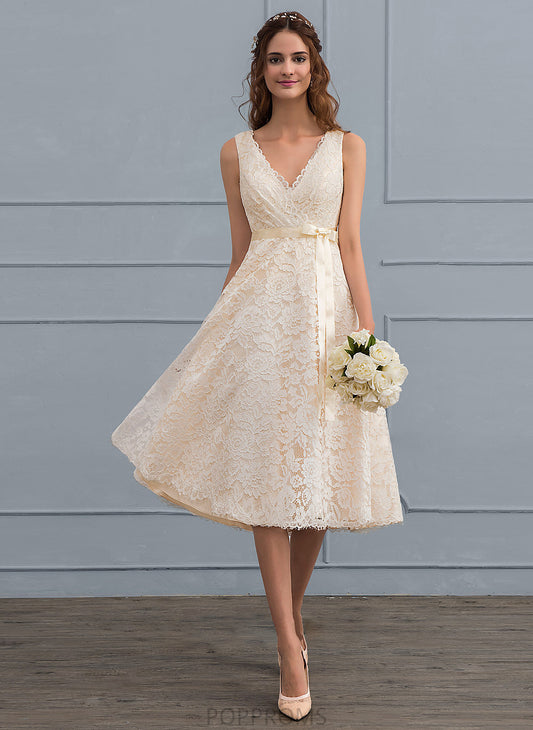 Bow(s) With Wedding Emmy V-neck Wedding Dresses Dress Lace A-Line Knee-Length