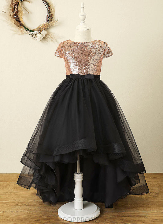 With Flower Girl Dresses Scoop Neck Dress - Tulle/Sequined Bow(s) Flower Girl A-Line Sleeveless Emily Asymmetrical