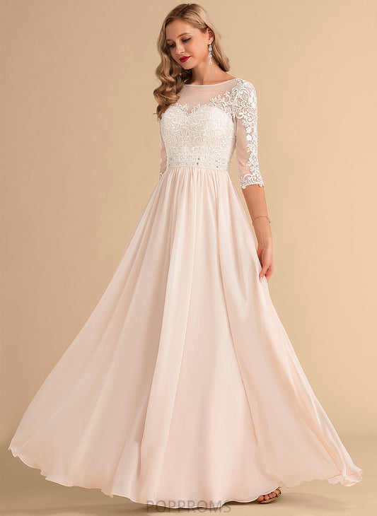 A-Line Illusion Sequins Patti Floor-Length Chiffon Beading Dress Lace Wedding With Wedding Dresses