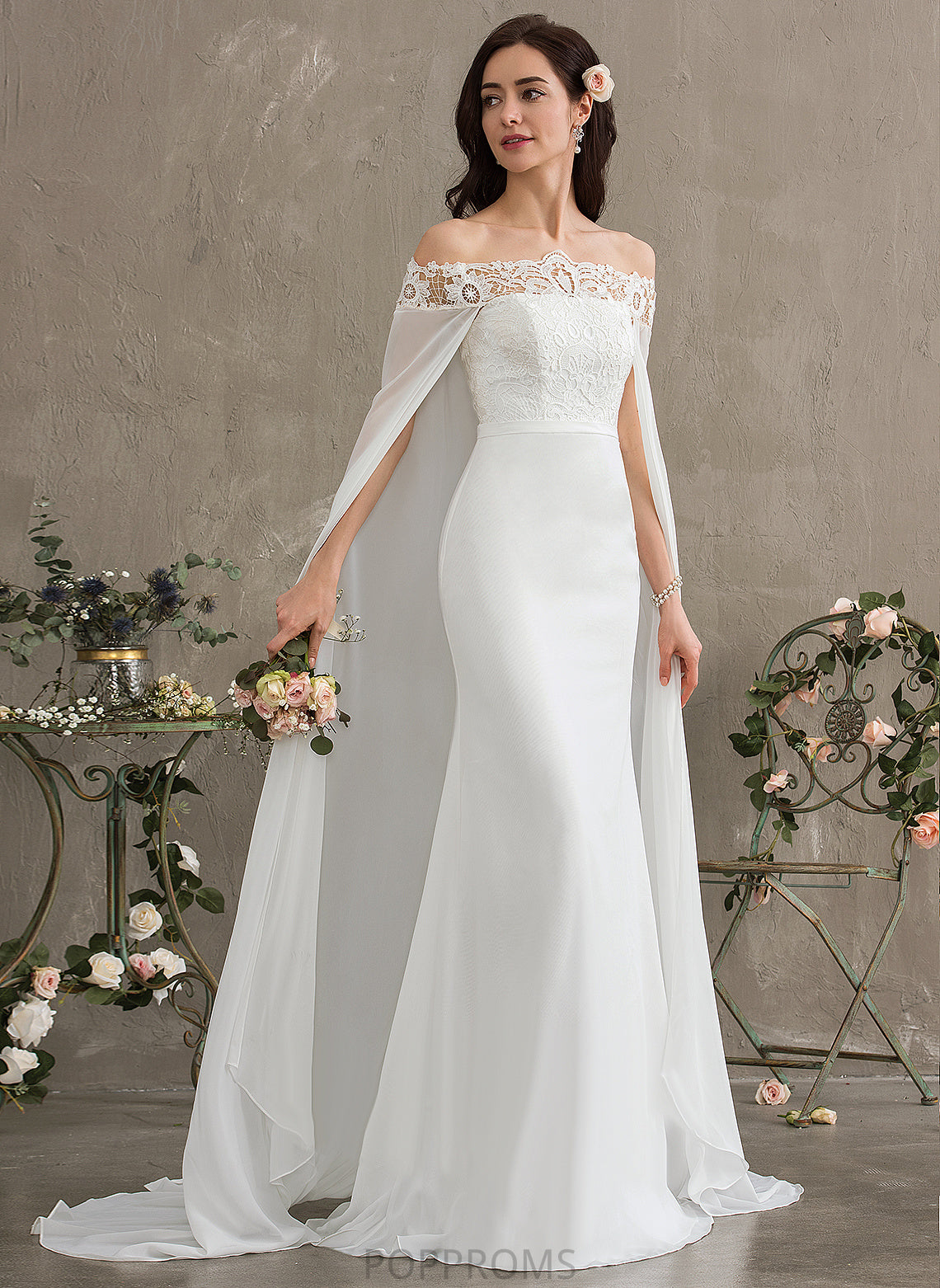 Lace Dress Lace Train Sheath/Column Wedding Dresses Gianna Chiffon With Court Off-the-Shoulder Wedding