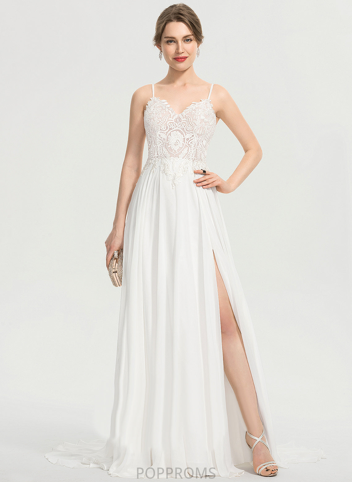 Sweep A-Line Train Lace V-neck Chiffon Dress Katelyn Wedding Dresses Front Split Wedding With