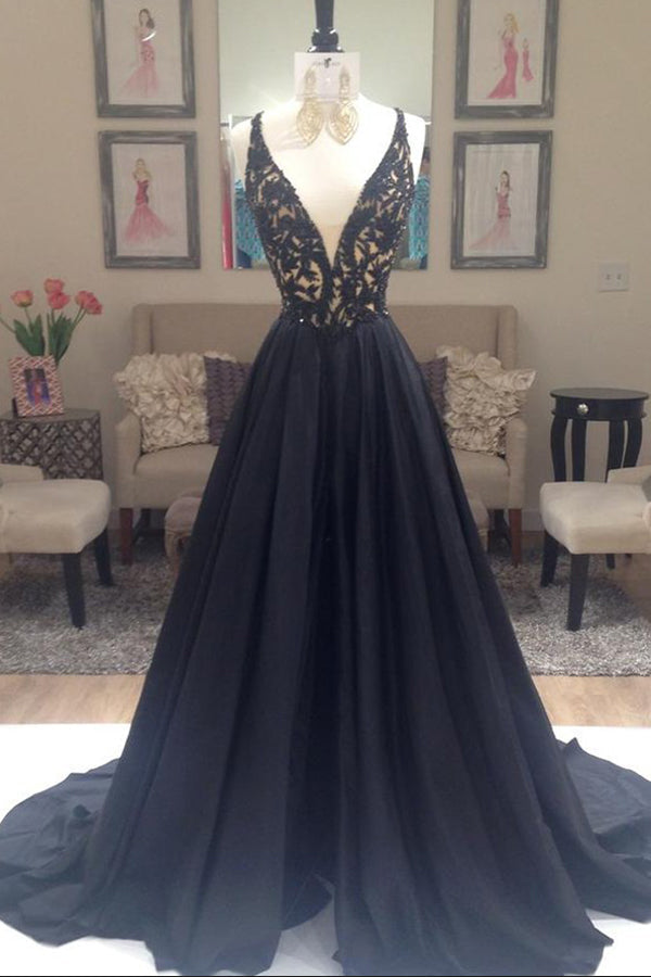 Black A Line Court Train Deep V Neck Sleeveless Low Back Appliques Prom Dresses