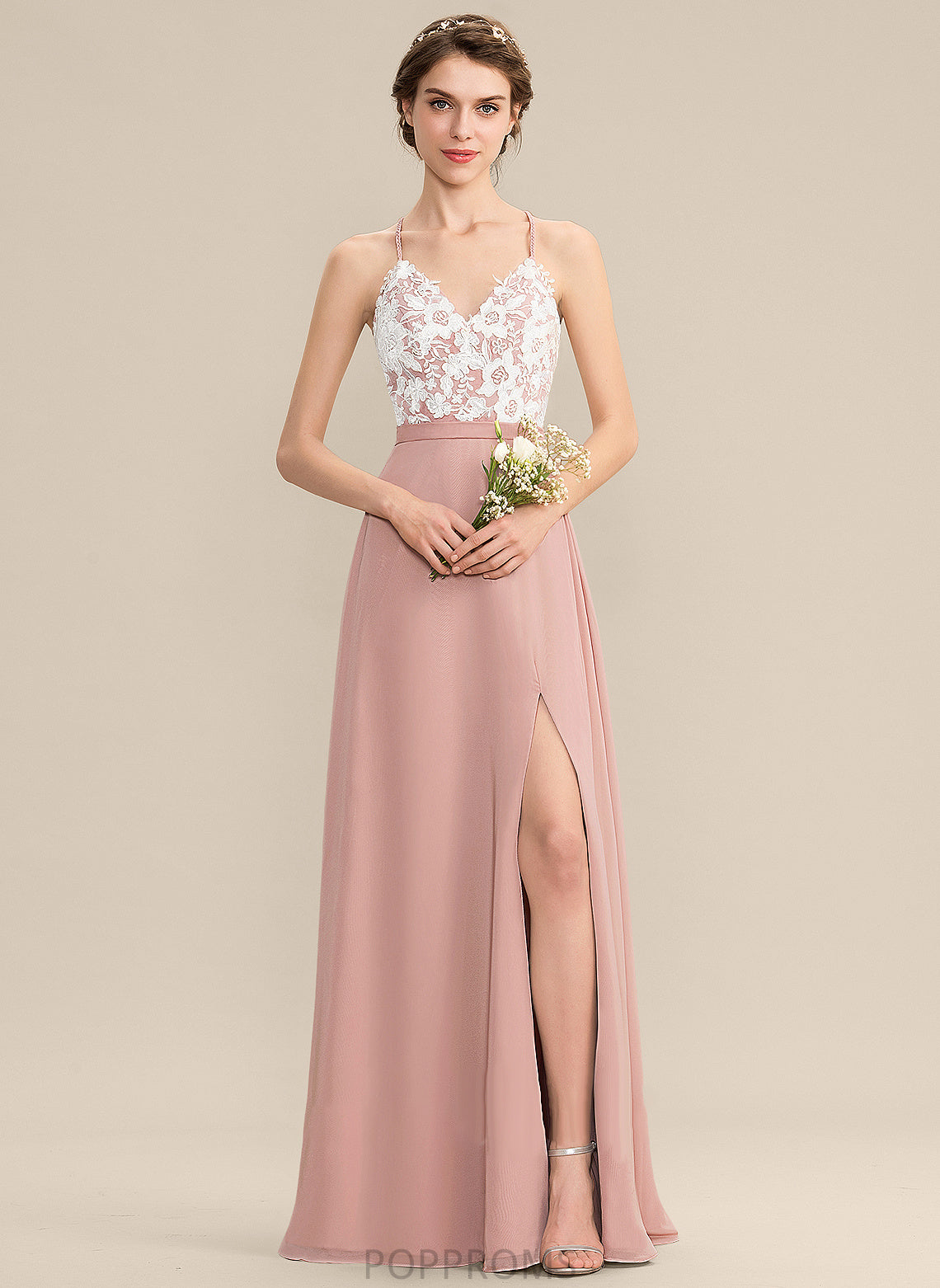 Chiffon With Floor-Length Front Lace Prom Dresses Split Bailey V-neck A-Line