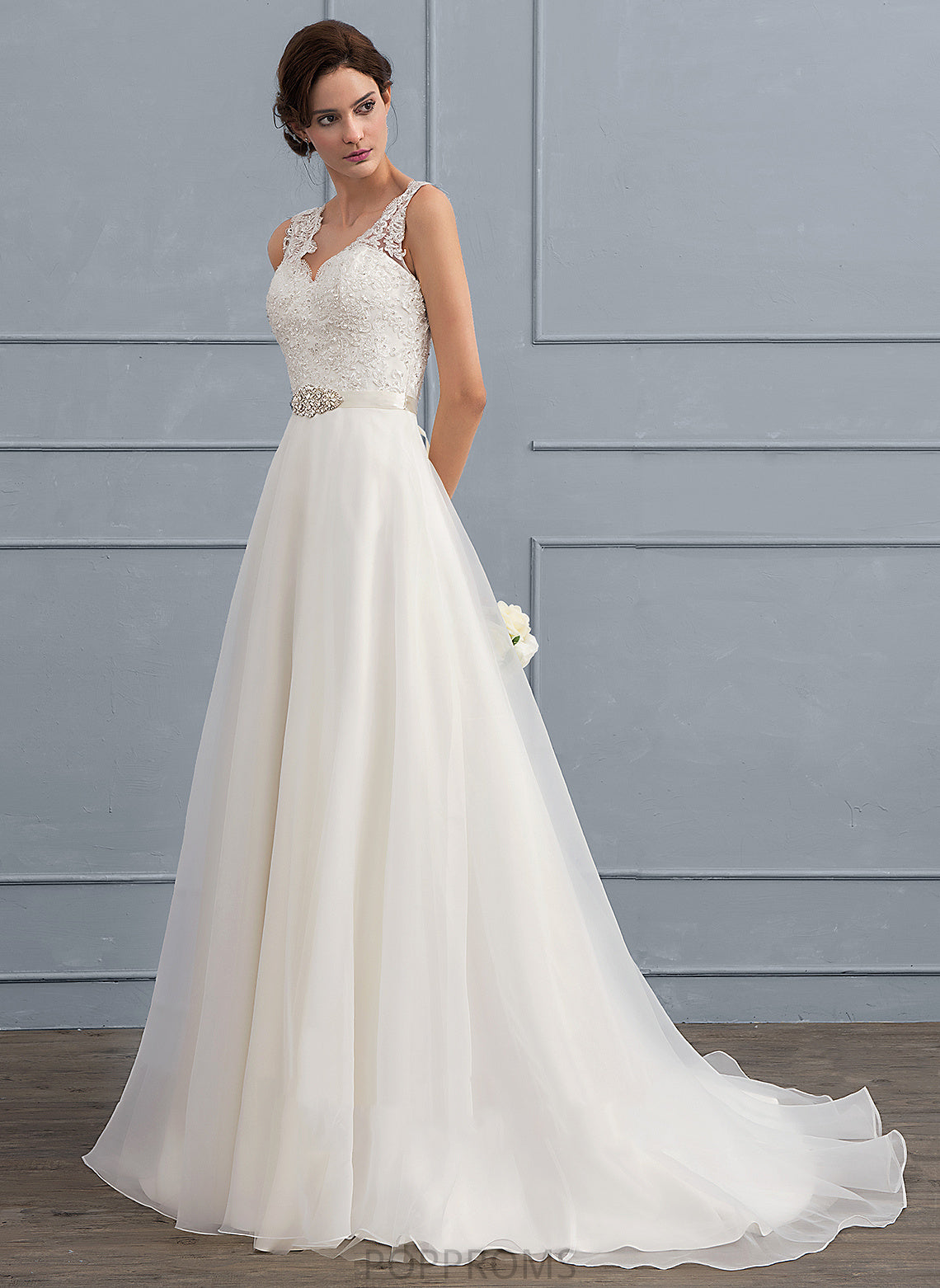 Aliza Sweep Lace With A-Line Beading Organza Bow(s) Wedding Dresses Dress V-neck Wedding Train