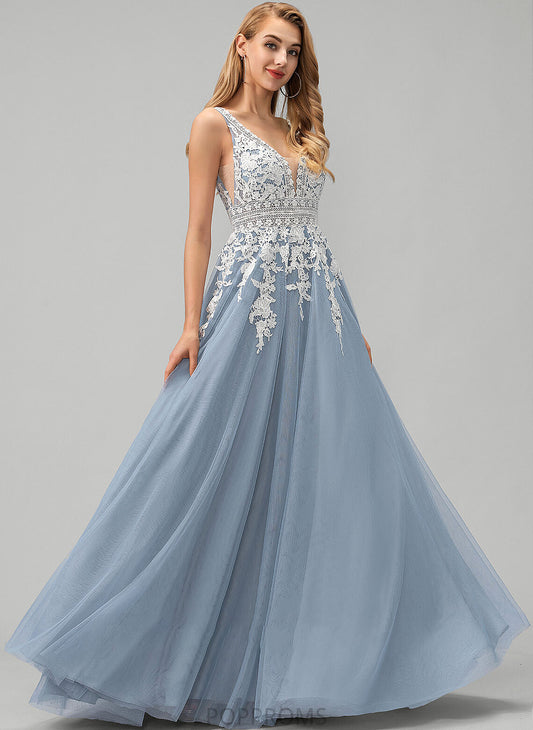 Ball-Gown/Princess Tulle Floor-Length With V-neck Prom Dresses Lace Johanna