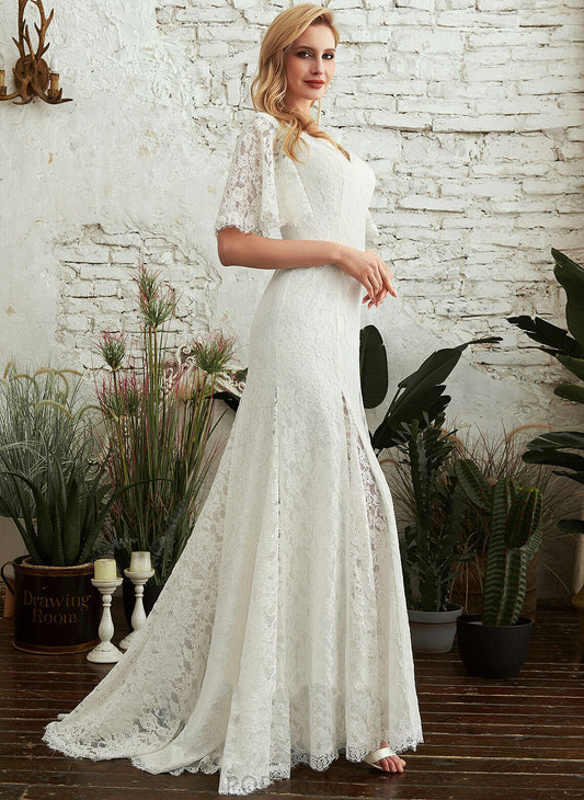 Split Sheath/Column Lace Wedding Dresses Train Wedding Dress Front V-neck Jaycee Sweep With