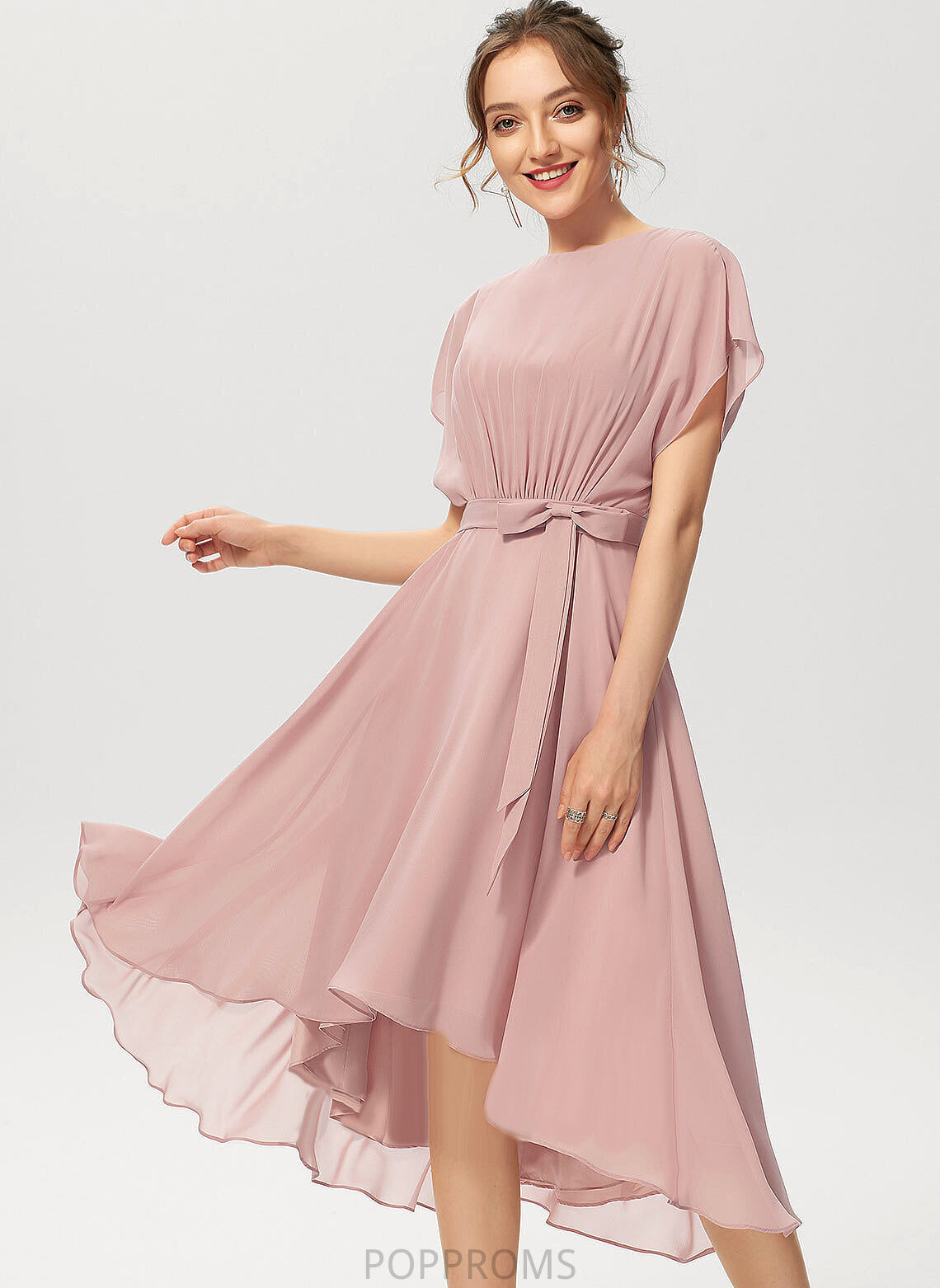 A-Line Neck Ruffle Bow(s) Cocktail Scoop Dress Cocktail Dresses With Asymmetrical Brisa Chiffon