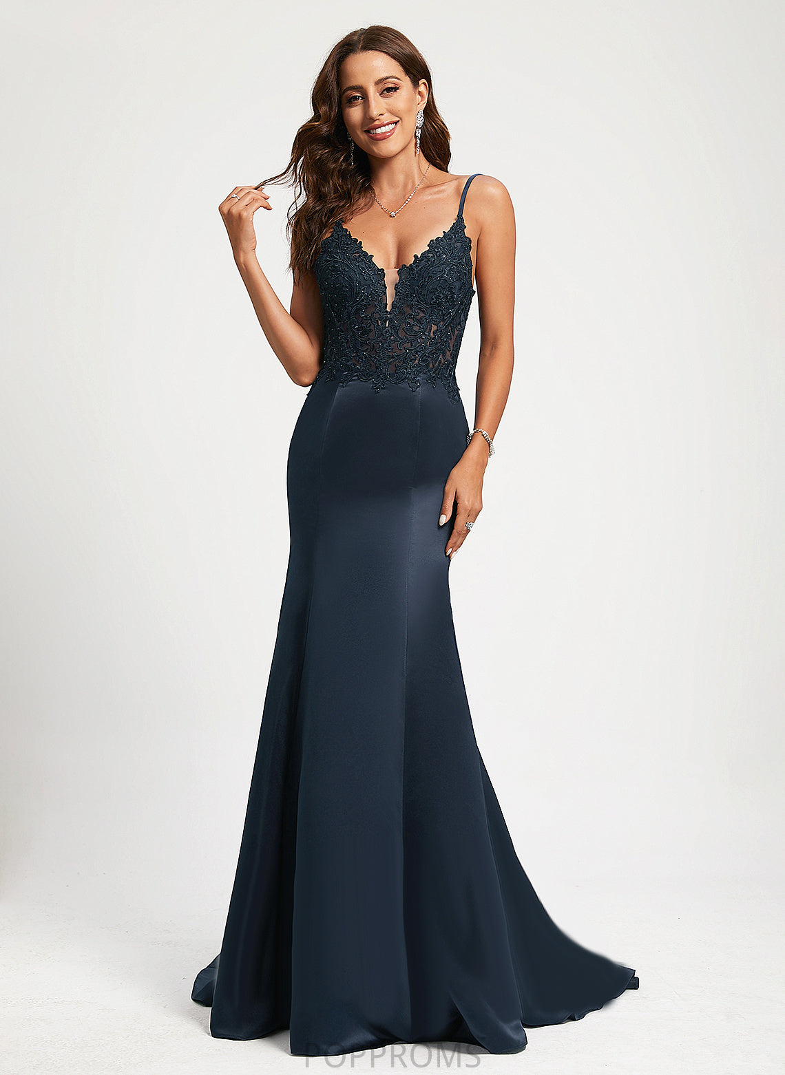 Lace Satin Train Prom Dresses Sweep Trumpet/Mermaid Sequins With V-neck Rachael