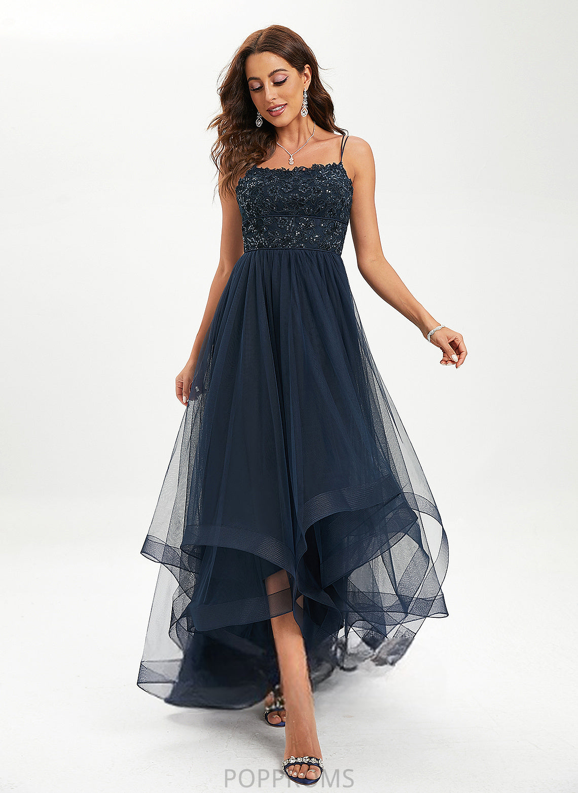 With Martha Ball-Gown/Princess Asymmetrical Lace Scoop Prom Dresses Sequins