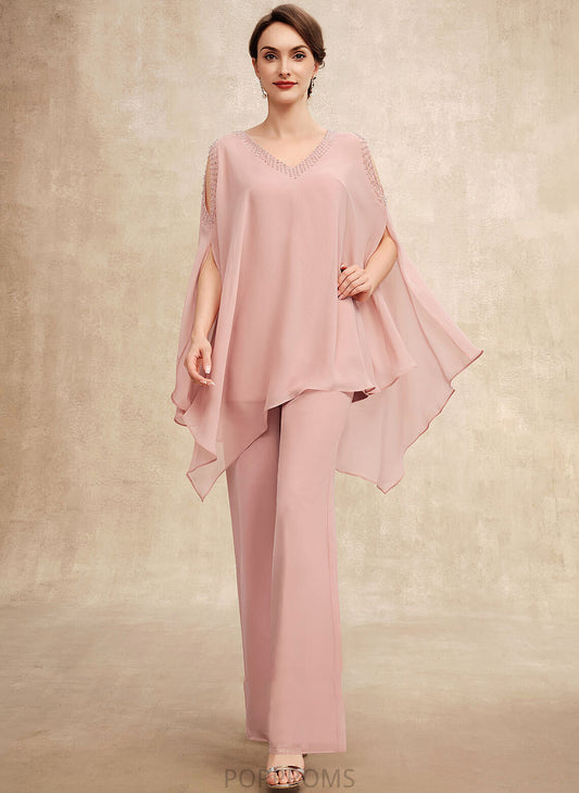 Floor-Length Beading of Jumpsuit/Pantsuit With Chiffon V-neck Dress Mother of the Bride Dresses Mother the Bride Phoebe