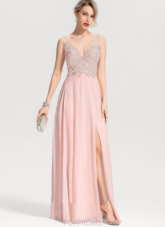 With Prom Dresses Floor-Length Gertie Sequins A-Line Chiffon V-neck Beading