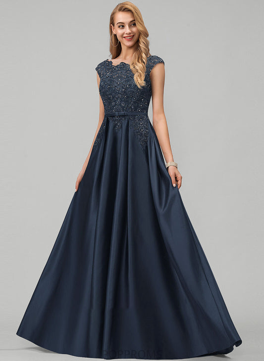 Floor-Length Kyleigh Lace Sequins Beading With Pockets Neck Satin Bow(s) Scoop Ball-Gown/Princess Prom Dresses