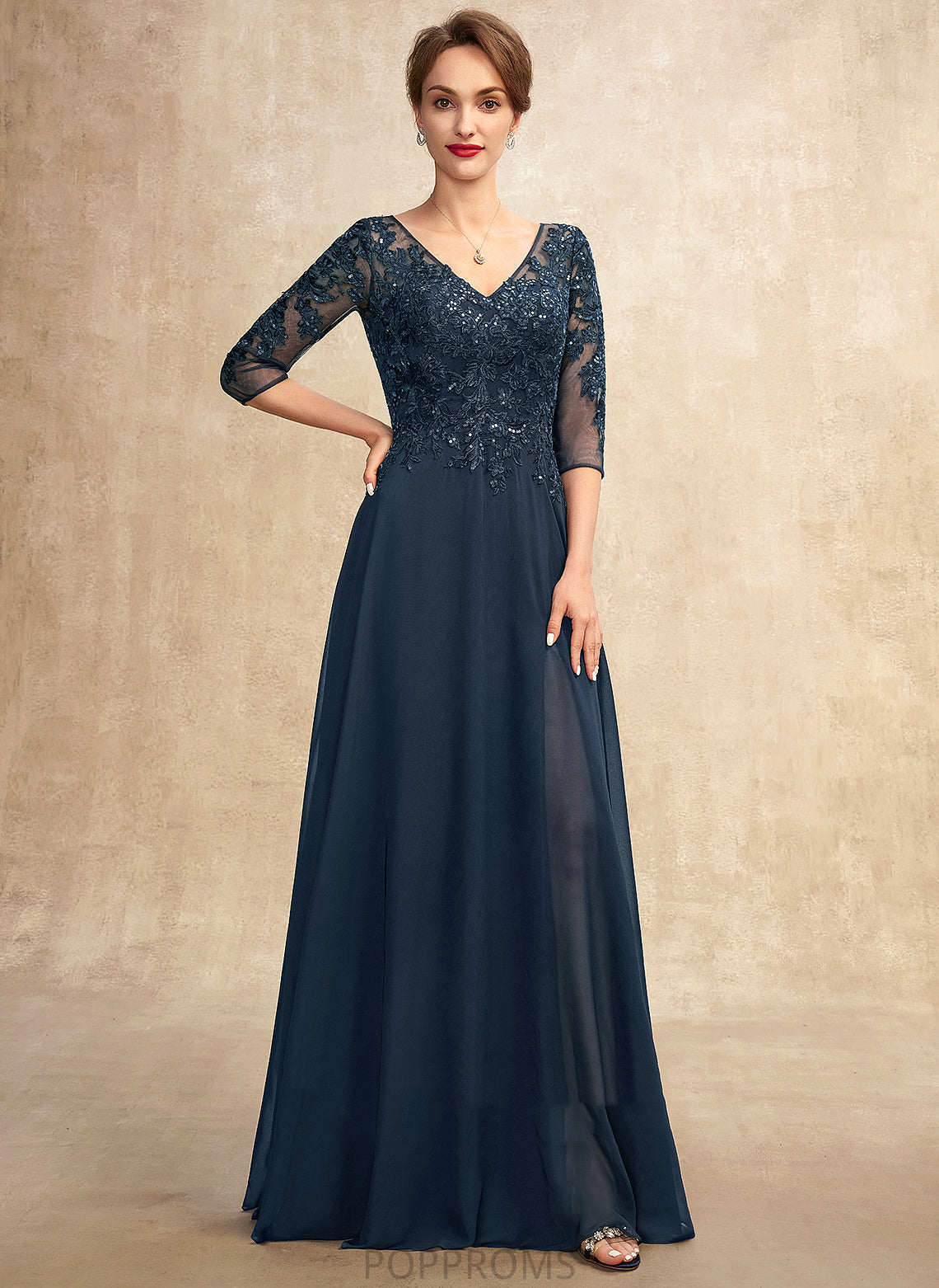 the Front Bride Sequins Split Mother Floor-Length Chiffon Lace V-neck of A-Line Dress Maggie Mother of the Bride Dresses With