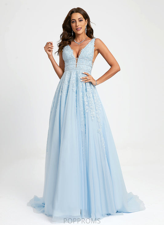 Train Prom Dresses Lace Briana Sweep Beading Tulle With Ball-Gown/Princess V-neck