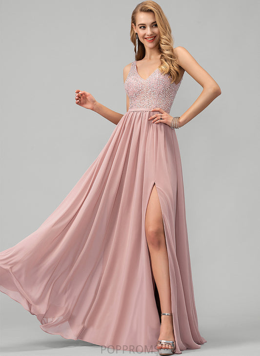 Beading Magdalena Chiffon With A-Line Sequins Floor-Length V-neck Prom Dresses