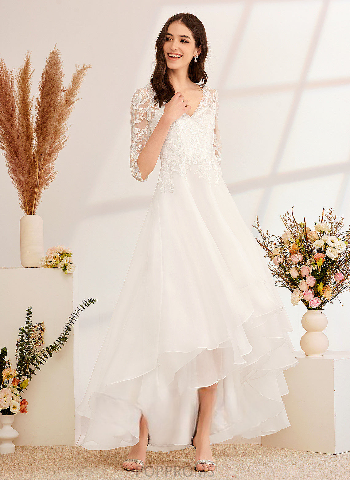 A-Line Asymmetrical Dress Tulle Skyla Wedding Dresses Lace V-neck Sequins Beading Wedding With