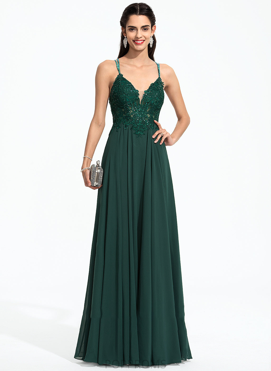 Sequins Beading Isabela V-neck Floor-Length Prom Dresses With A-Line Chiffon