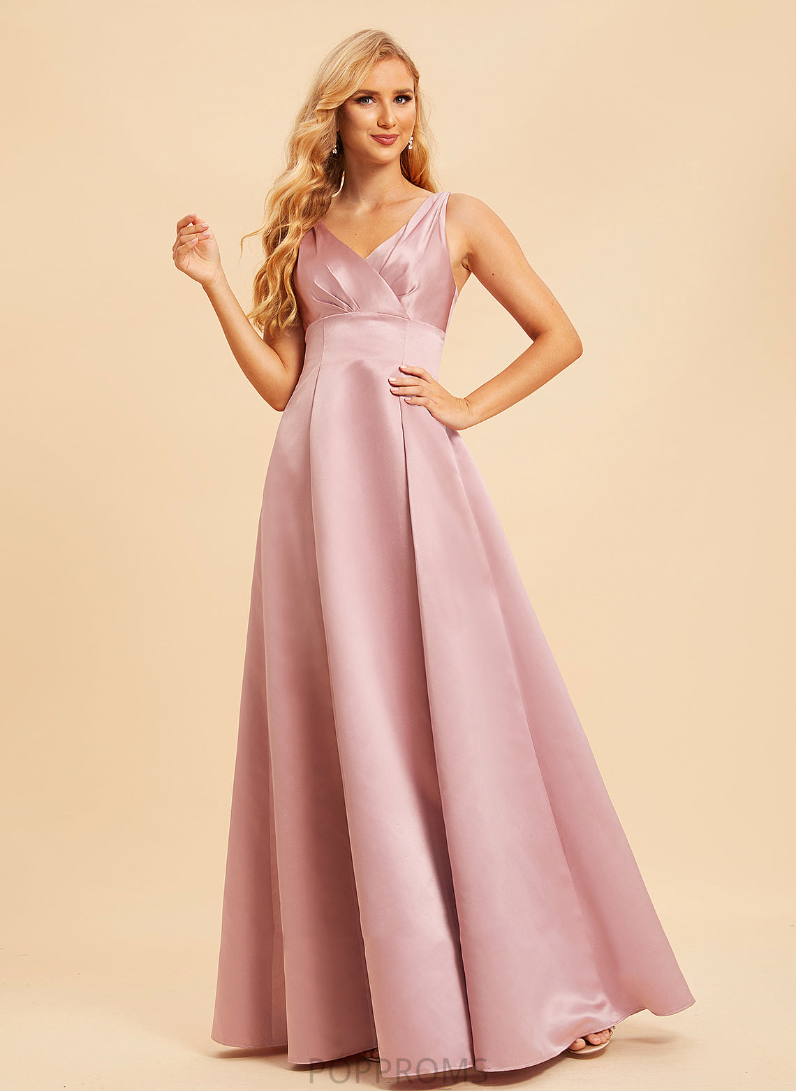 Straps Fabric V-neck A-Line Silhouette Satin Length Neckline Floor-Length Jaden Sleeveless Floor Length Bridesmaid Dresses