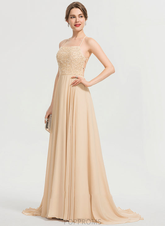 Train Chiffon Sweep With Miriam Neckline Beading A-Line Square Prom Dresses Sequins