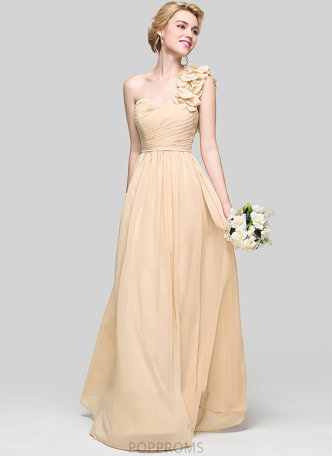 Fabric Length Silhouette Embellishment Ruffle Floor-Length One-Shoulder A-Line Flower(s) Neckline Abagail Spaghetti Staps Bridesmaid Dresses