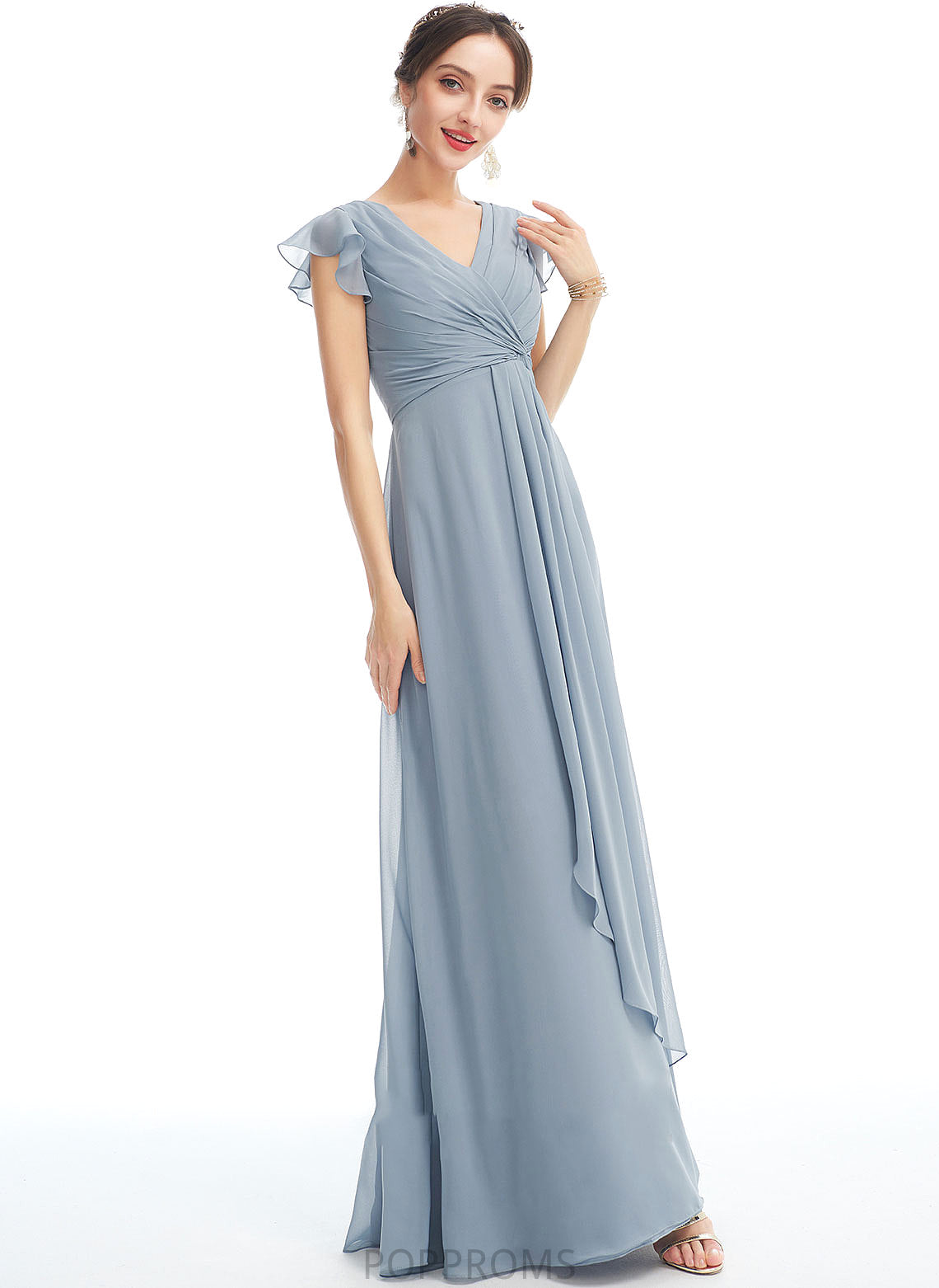 SplitFront Length Fabric V-neck A-Line Floor-Length Neckline Embellishment Ruffle Silhouette Carlee V-Neck Bridesmaid Dresses