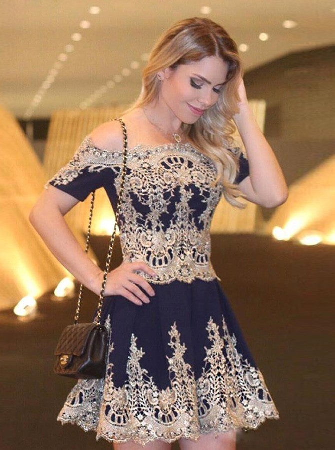 A-Line Off-The-Shoulder Short Sleeves Navy Blue Homecoming Dresses Allisson Chiffon 2024 With Appliques