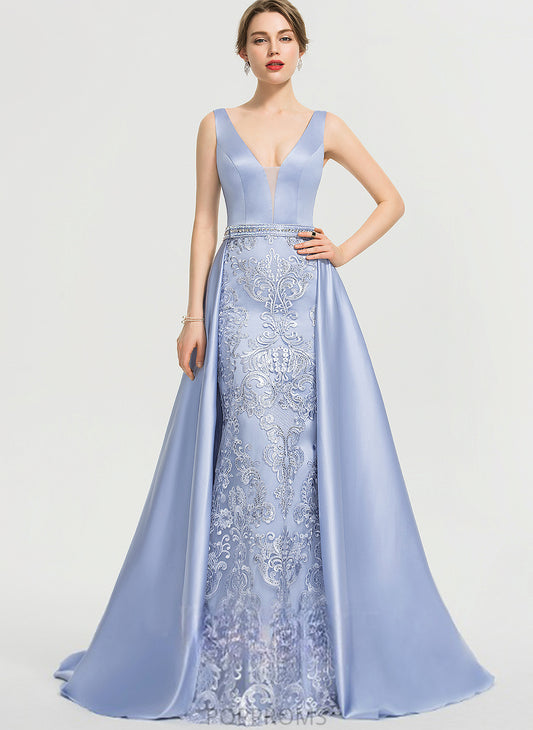 Serena Satin Prom Dresses With V-neck Sweep Sheath/Column Sequins Lace Train Beading