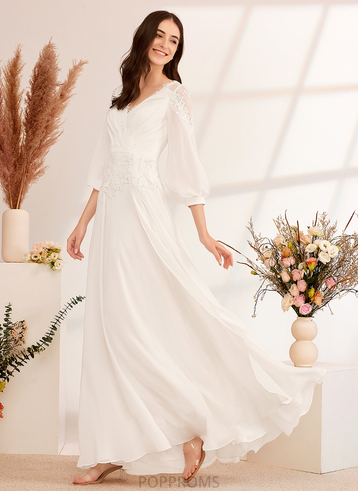 V-neck Josephine Floor-Length Dress With Lace Wedding A-Line Wedding Dresses