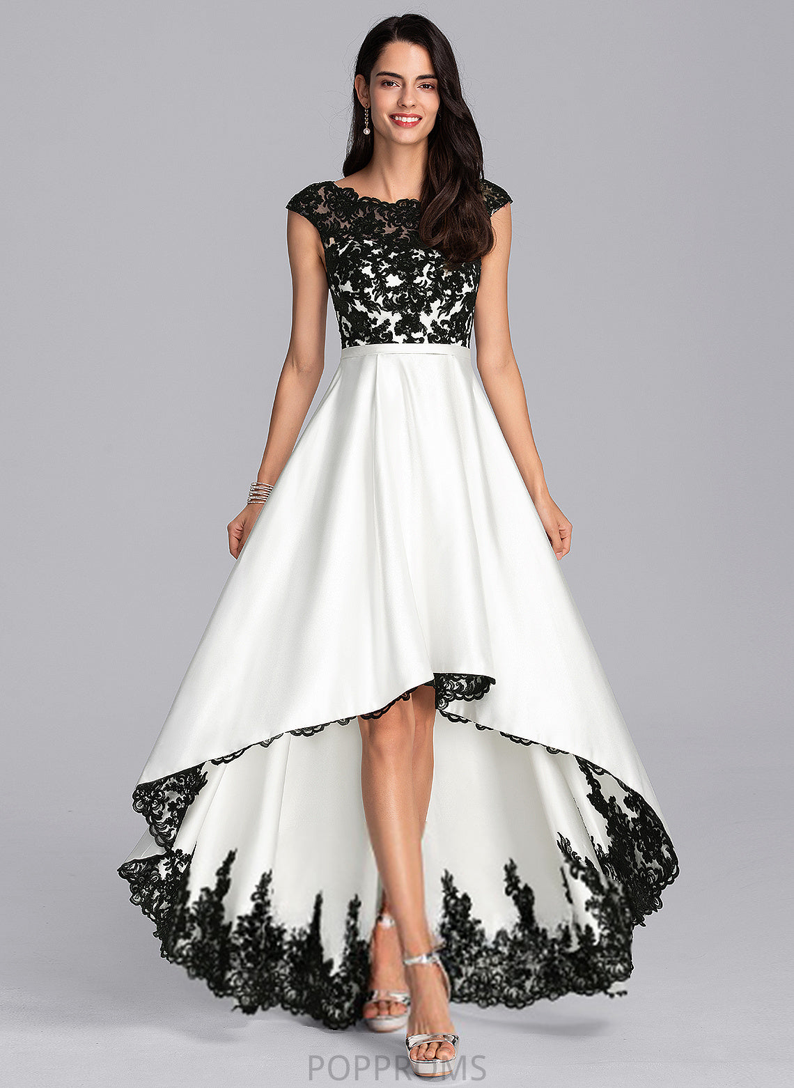 Satin Molly Asymmetrical Lace Scoop Illusion A-Line Prom Dresses